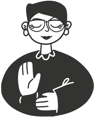 Nein sagen: Illustration von Mimi (Oberkörper), die mit geschlossenen Augen, die Handfläche abwehrend zur Betrachterin hochhält